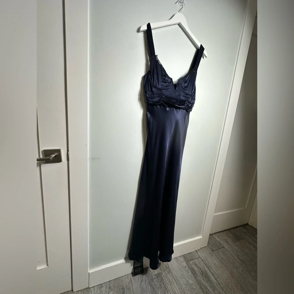 NEW Astr Aeris Satin Lace Trim Maxi Dress Navy Sz Medium Bustier Corset Feminine - Picture 11 of 17